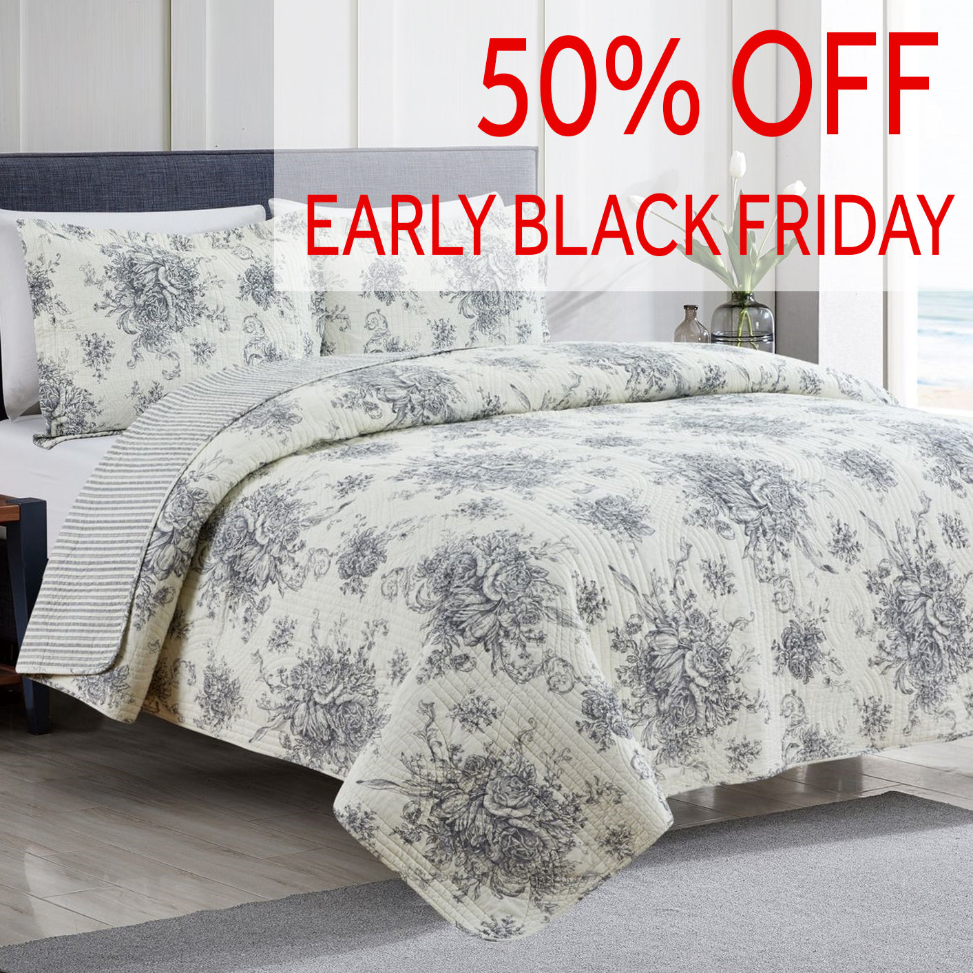 Toile Reversible Cotton Quilt Set